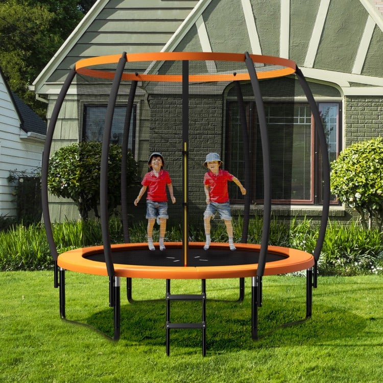 Curved 8-foot trampoline with orange padding, safety net, and ladder, ideal for outdoor recreational fun.