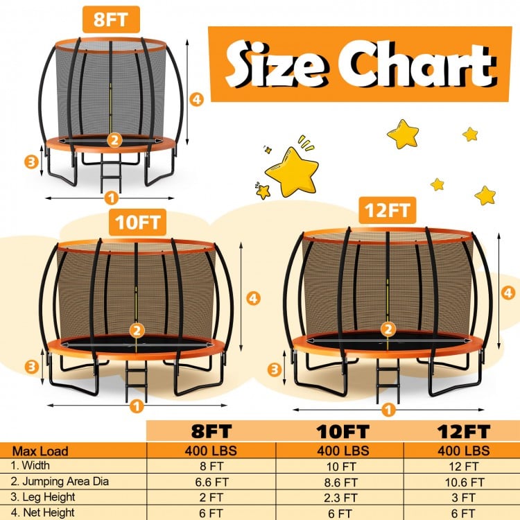 8-foot orange trampoline with safety enclosure net, ladder, and padded poles for secure recreational fun.