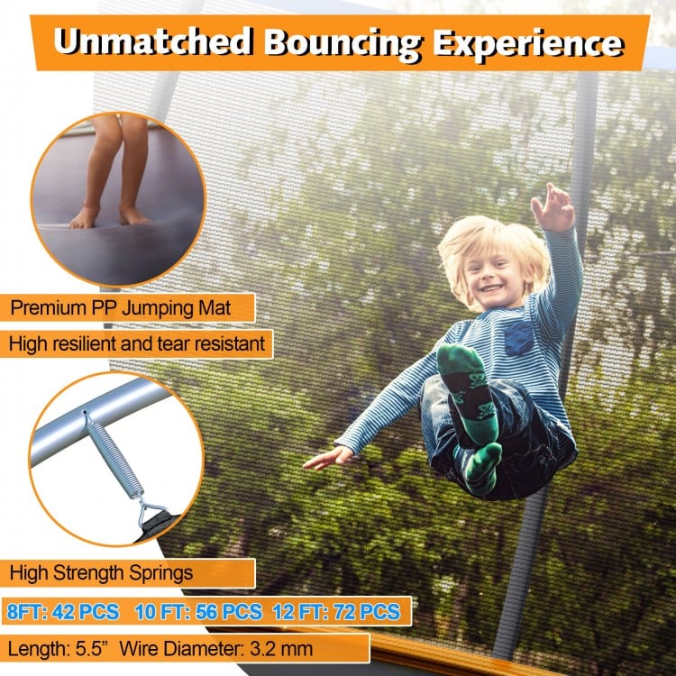 Child jumping on an 8-foot ASTM approved trampoline with a UV-resistant jumping mat and safety enclosure net.