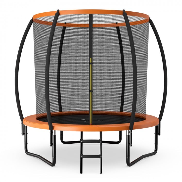 8-foot orange recreational trampoline with safety enclosure net, ladder, and padded poles for secure jumping fun.