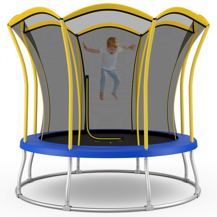 10 feet flower shape trampoline with yellow frame and safety net, designed for kids' fun and secure jumping.