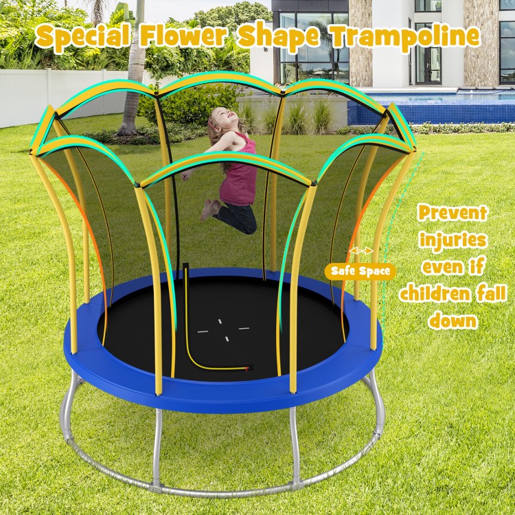 Unique flower shape trampoline with galvanized steel frame, bright yellow color, and safety features for kids'.