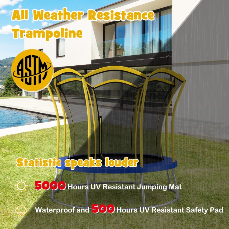 10 feet flower shape trampoline with yellow frame, galvanized steel, UV resistant mat, designed for safe outdoor fun.