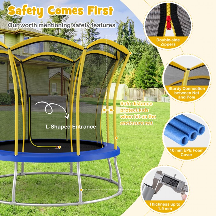 Unique flower shape trampoline with galvanized steel frame, high enclosure net, and safety features for kids' enjoyment.