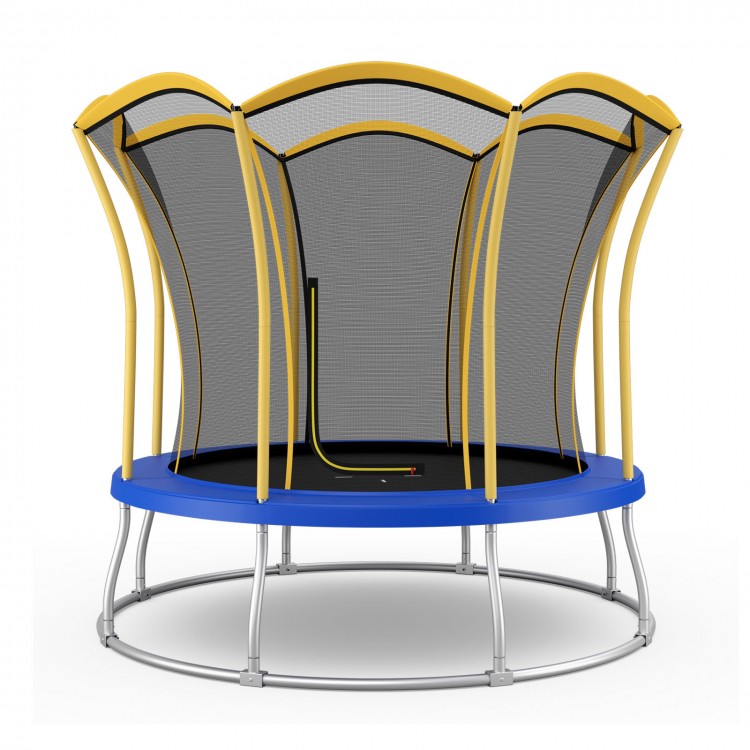 Flower-shaped 8 feet trampoline with yellow enclosure net and galvanized steel frame for outdoor fun and safety.