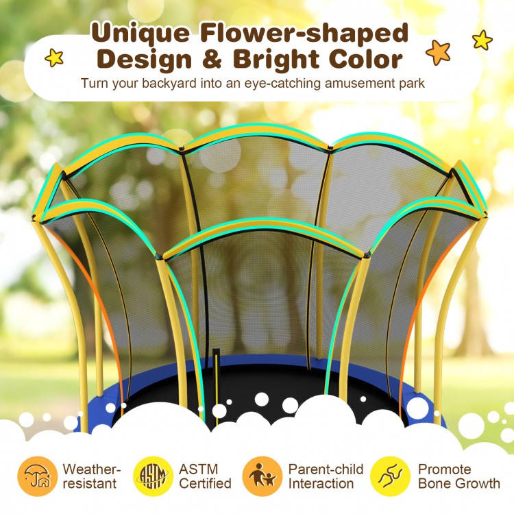 8 feet outdoor flower-shaped trampoline in yellow with enclosure net for safe and fun backyard play.