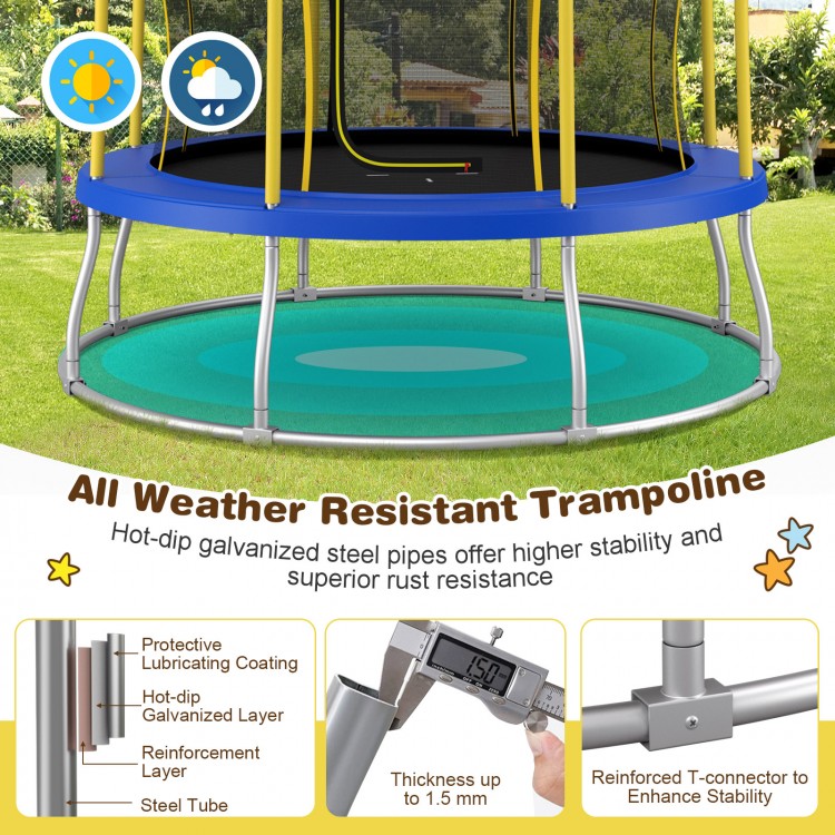 Flower-shaped 8 feet trampoline with enclosure net, hot-dip galvanized steel for stability and rust resistance.