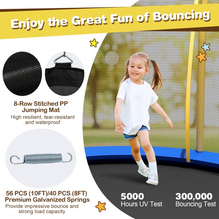 Flower-shaped 8 feet trampoline with enclosure net, bright yellow color, and high elastic jumping mat for safe play.