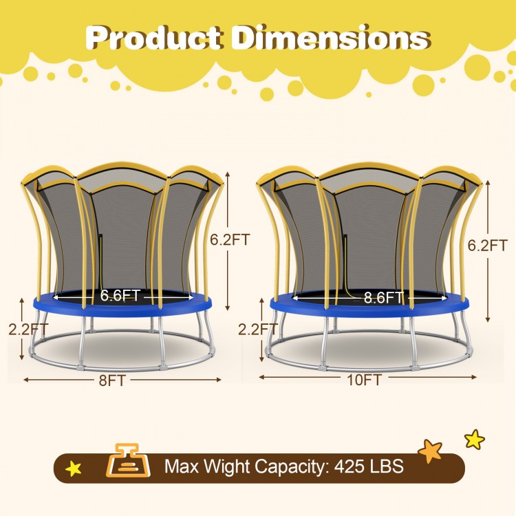 Flower-shaped 8-foot trampoline with enclosure net, bright yellow, designed for safety and stability, supports 425 lbs.