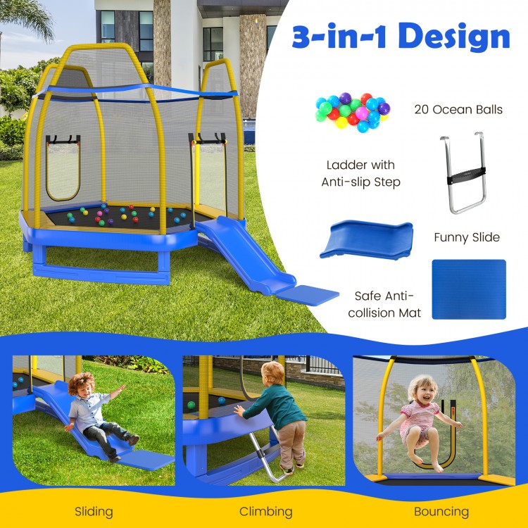 7 feet trampoline with ladder and slide in blue, featuring anti-collision foam and 20 ocean balls for indoor and.