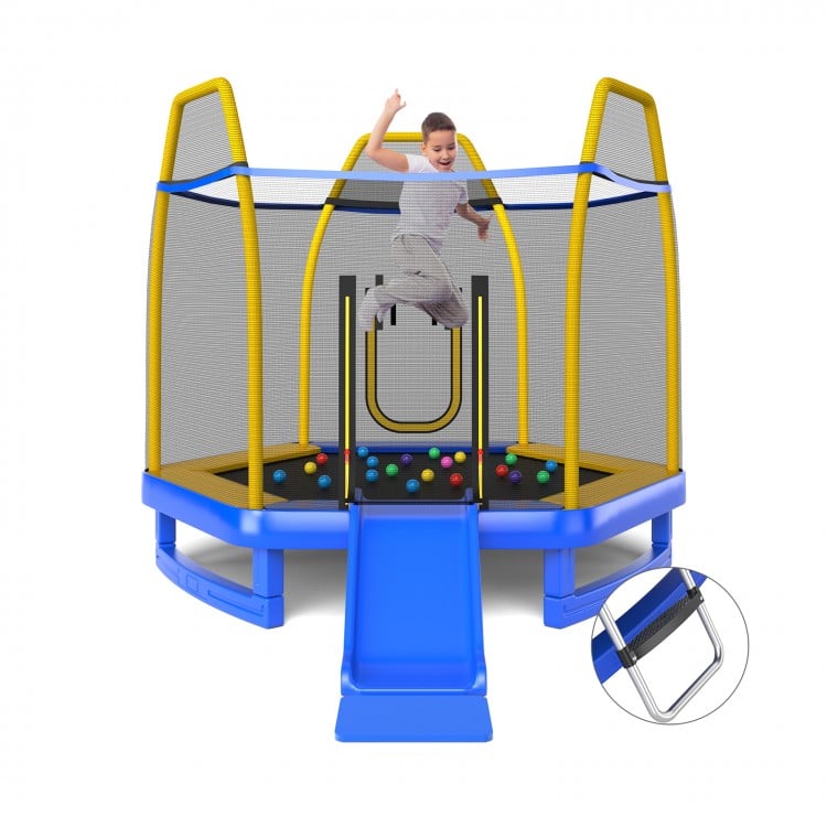 7 feet blue trampoline with ladder and slide, featuring safety net and foam cover, perfect for indoor and outdoor fun.