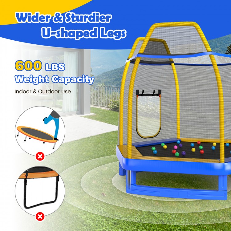 7 feet blue trampoline with ladder and slide, featuring W-shaped legs, for indoor and outdoor fun, supports 600 lbs.