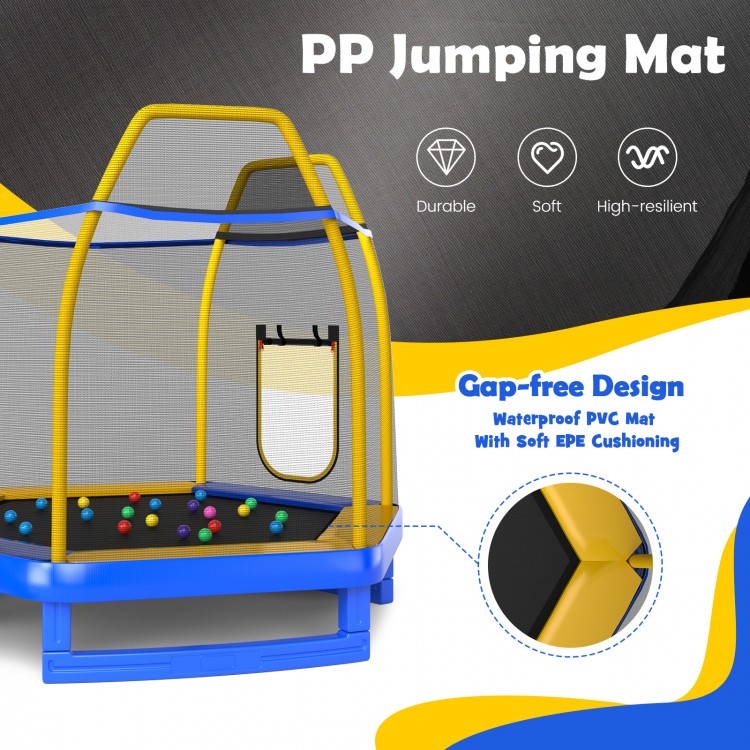 7 feet blue trampoline featuring a gap-free waterproof jumping mat, ladder, slide, and safety enclosure for indoor and.
