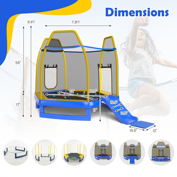 7 feet blue trampoline with ladder and slide, featuring safety net and hexagonal shape for indoor and outdoor fun.