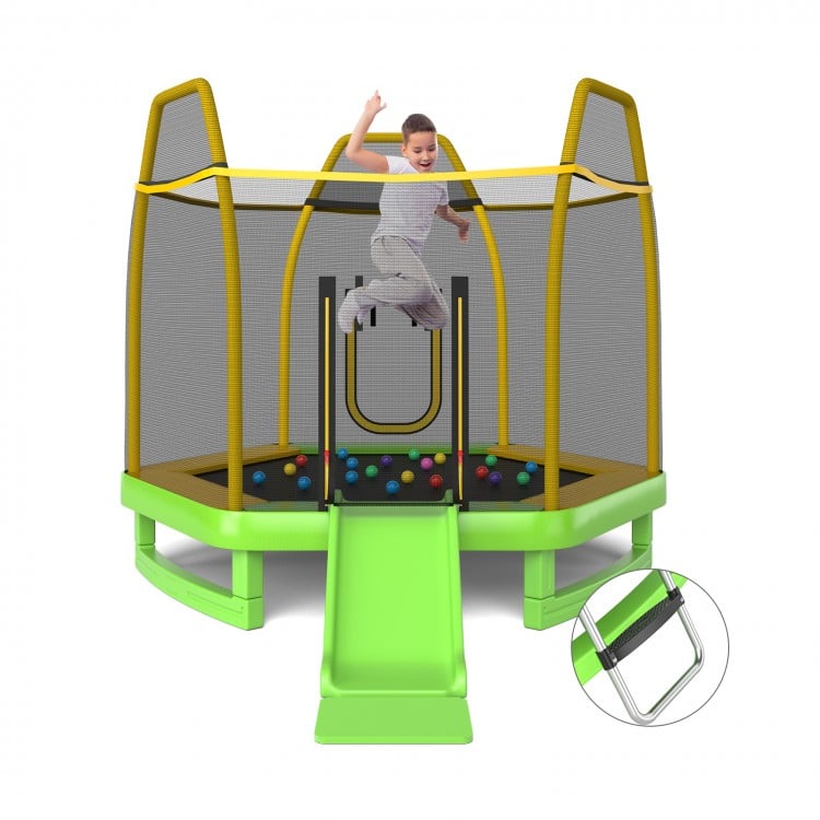 7 feet green trampoline with ladder and slide, featuring safety net and ocean balls for indoor and outdoor fun.