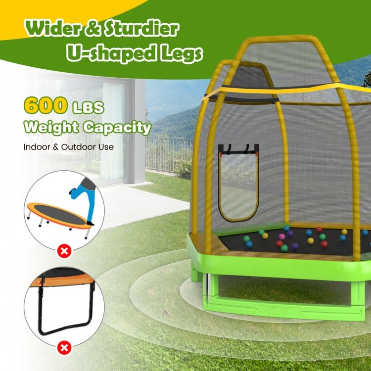 7 feet green trampoline with ladder and slide, featuring W-shaped legs and 600 lbs capacity for indoor and outdoor fun.