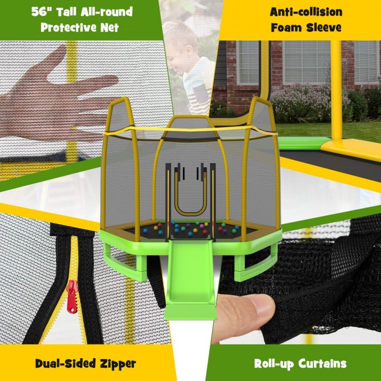 7 feet trampoline with green slide, ladder, and protective net, designed for indoor and outdoor fun and safety.