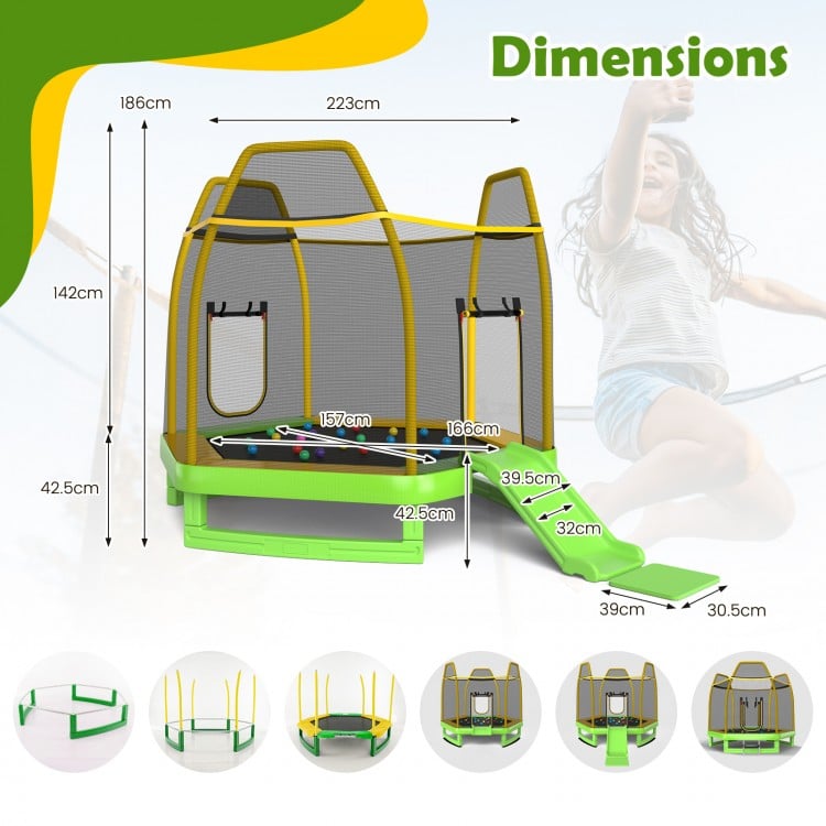 7 feet green trampoline with ladder and slide, featuring safety net and hexagonal shape for indoor and outdoor fun.