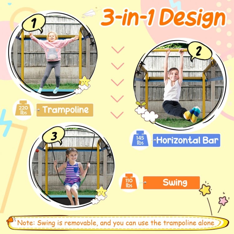 Kids 6 feet rectangle trampoline with detachable swing and horizontal bar, ASTM approved for safety and outdoor use.