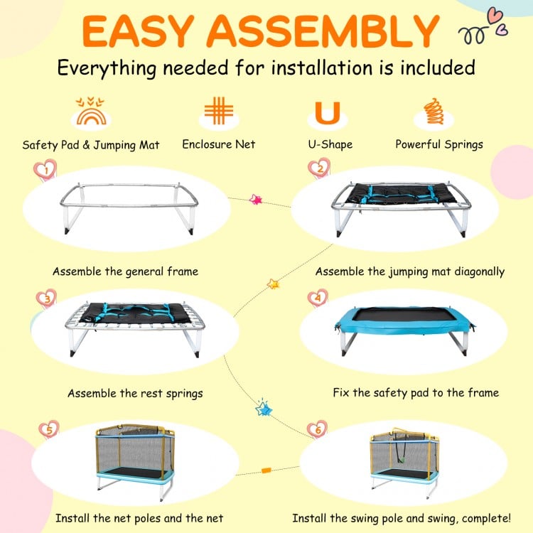 6 feet rectangle trampoline with swing and safety net, featuring durable galvanized steel and ASTM-approved design for.