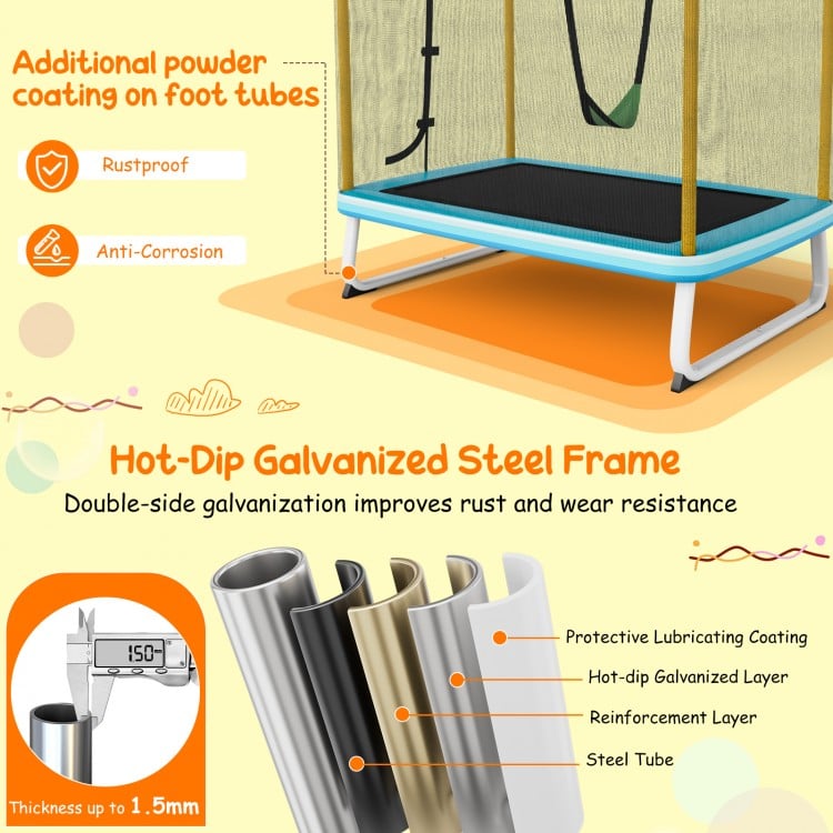 6 feet rectangle trampoline with swing and safety net, featuring rustproof galvanized steel frame for outdoor fun.
