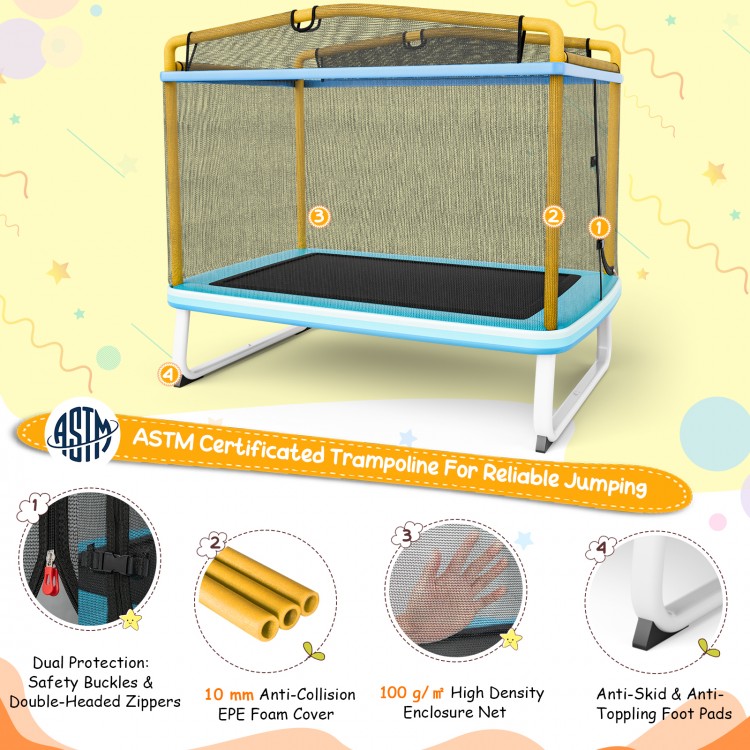 6 feet rectangular trampoline with safety net, swing, and horizontal bar, ASTM certified for outdoor use and stability.
