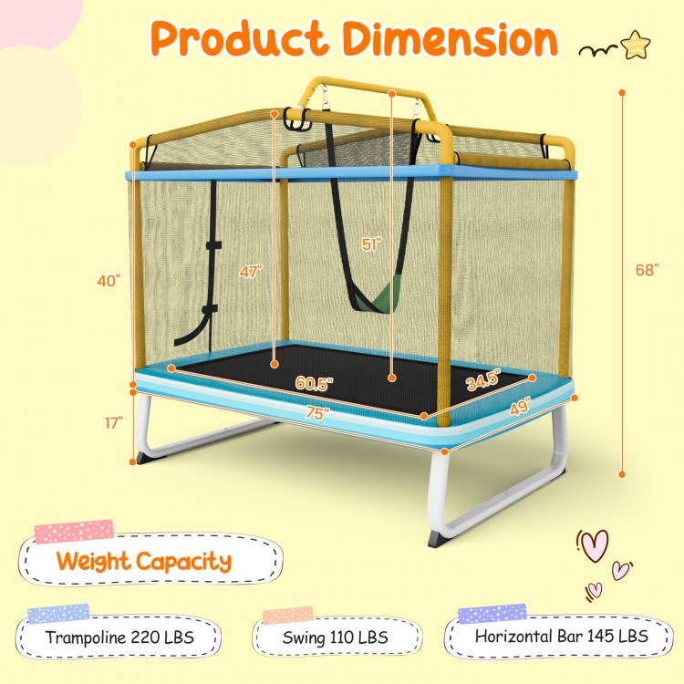 Rectangle trampoline with swing and horizontal bar, yellow, ASTM approved, ideal for small backyards, 220 lbs capacity.