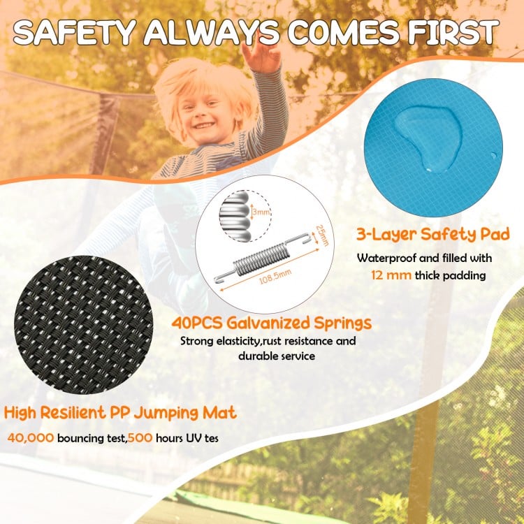 6 feet rectangle trampoline with swing and safety net, featuring durable galvanized springs and weather-resistant.