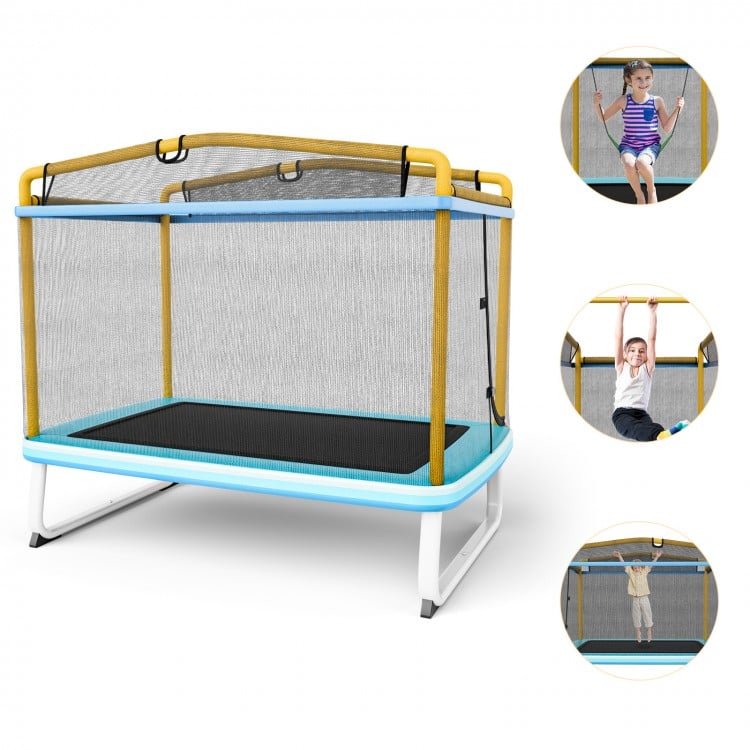 Rectangle trampoline with swing and safety net in yellow, designed for kids' outdoor play and backyard fun.