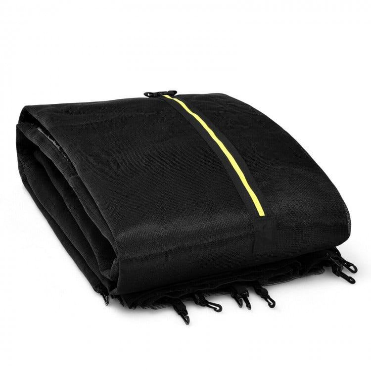 Folded 15/16 feet trampoline replacement safety net made of durable PE material, featuring a double-headed zipper door.