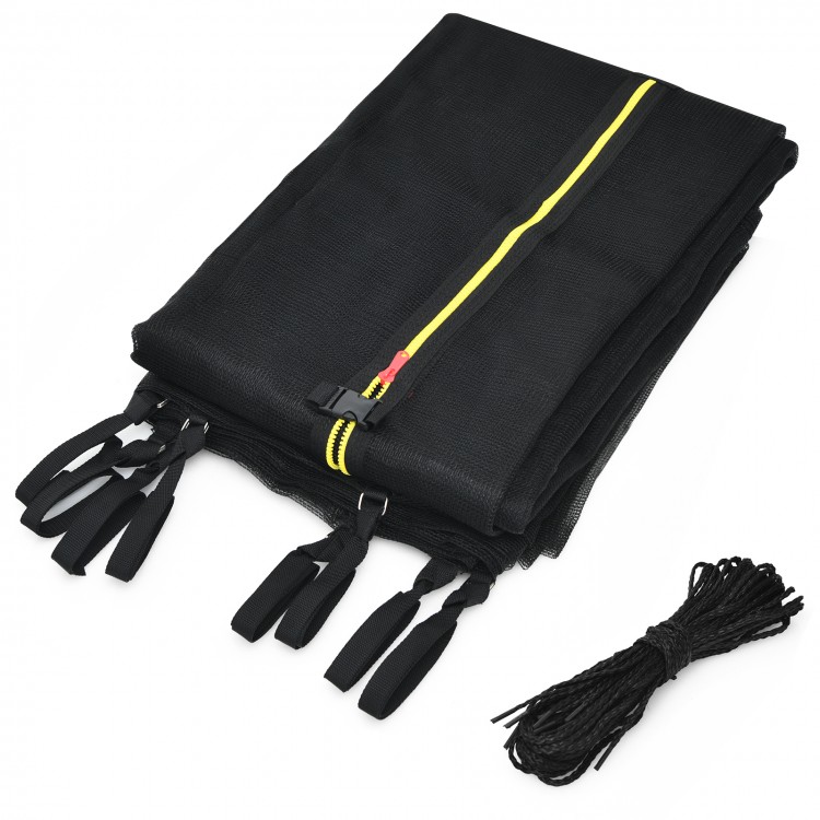 Trampoline replacement safety net in black, designed for 15/16 ft round trampolines, featuring adjustable straps and.