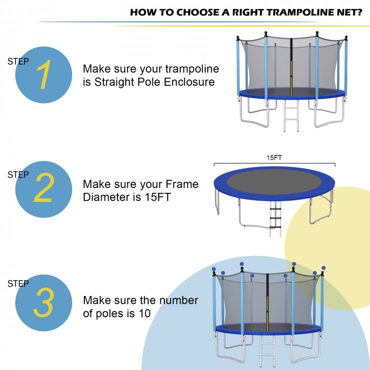 15ft trampoline replacement safety net with adjustable straps, made of durable PE material for enhanced safety and.