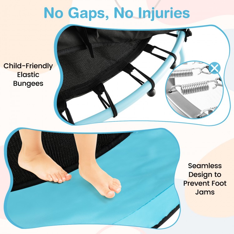 Child-friendly elastic bungees and seamless design of the 48-inch toddler trampoline for safe bouncing fun.
