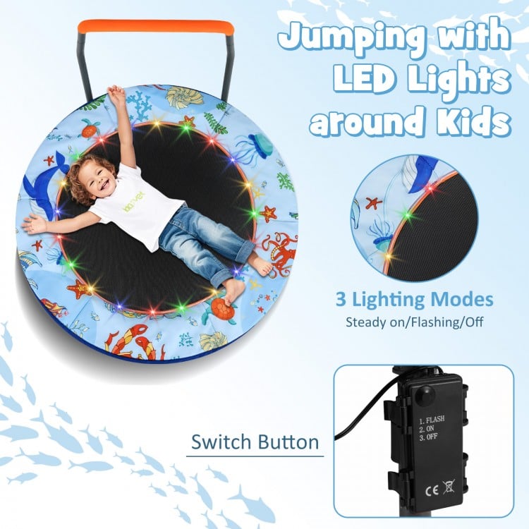 Mini trampoline for kids with LED lights, springless design, and padded safety cover, perfect for active play.