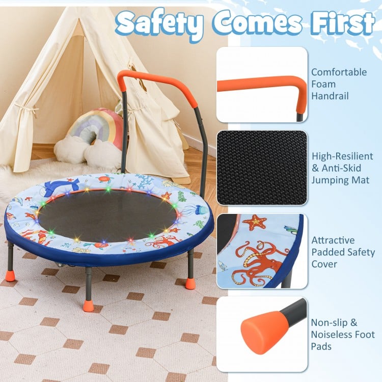 Mini trampoline with foam handrail, LED lights, and padded safety cover for kids' active play in small spaces.