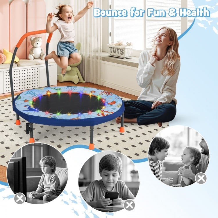 Mini trampoline for kids with LED lights, springless design, and padded safety cover, perfect for active indoor play.