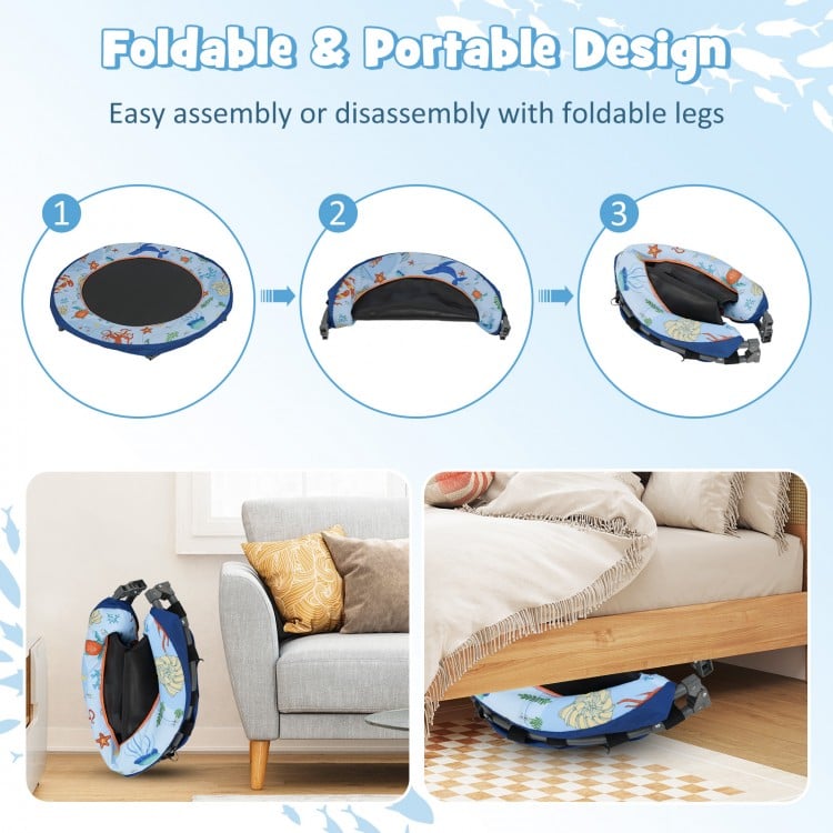 Mini trampoline with a foldable design, LED lights, and padded safety cover for kids' active play in small spaces.