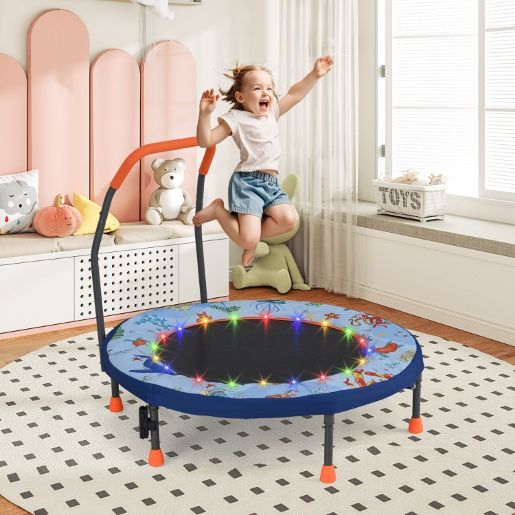 Kids' mini trampoline with LED lights, springless design, and padded safety cover for safe, active play indoors.