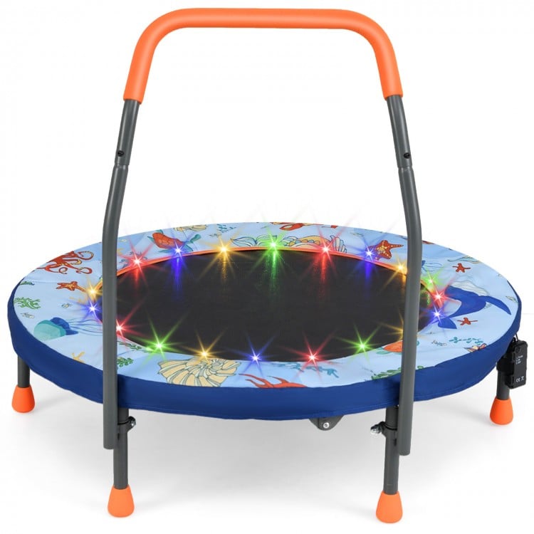 Mini trampoline for kids with LED lights, padded safety cover, and foam handrail, perfect for compact spaces.