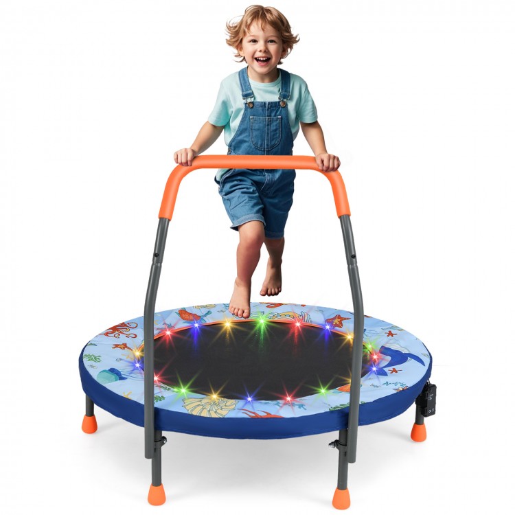 Mini trampoline for kids with LED lights, padded safety cover, and foam handrail for safe indoor play.