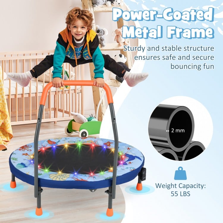 Mini trampoline for kids with LED lights, sturdy metal frame, and padded safety cover for safe bouncing fun.