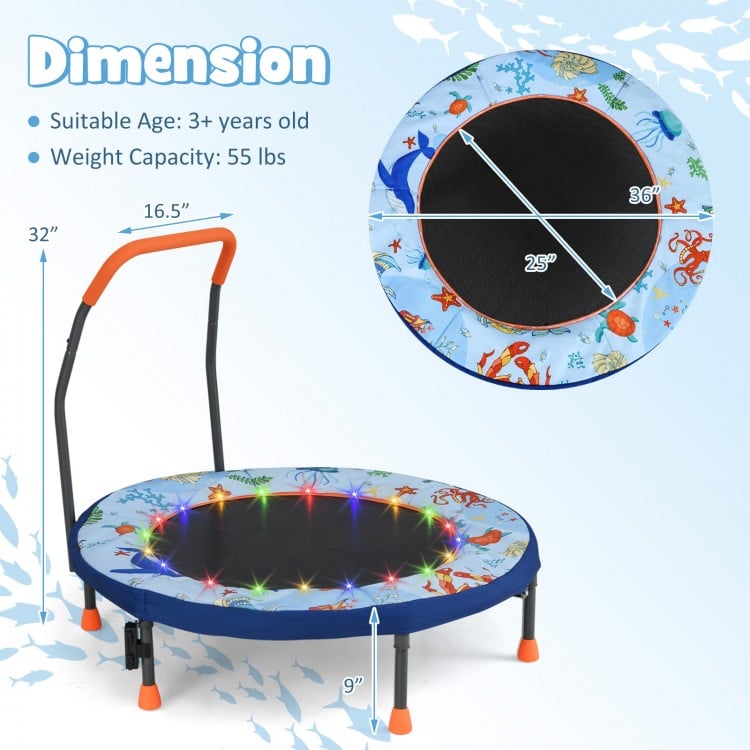 Mini trampoline for kids with LED lights, springless design, and padded safety cover, ideal for active play.