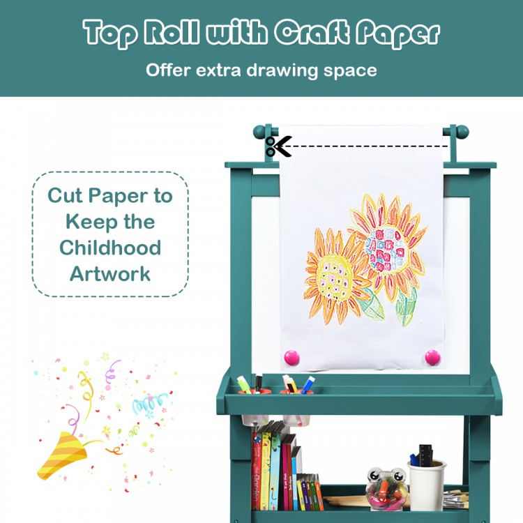 Top roll with craft paper on the 3-in-1 double-sided storage art easel in green, ideal for kids' art activities.
