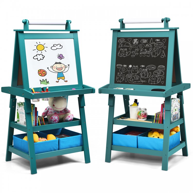 Green 3-in-1 art easel showcasing a magnetic whiteboard and chalkboard, perfect for children’s creative art sessions.