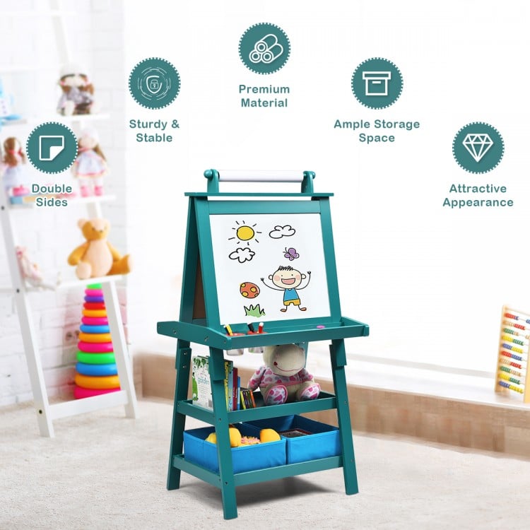 Double-sided green art easel with magnetic whiteboard and chalkboard, featuring storage trays and bins for kids' art.