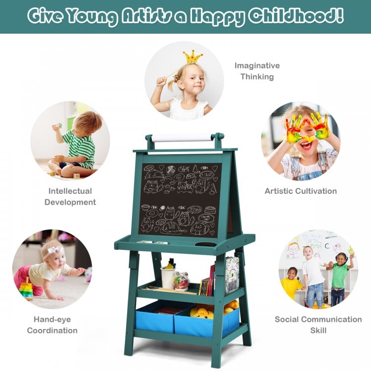 Double-sided green art easel with chalkboard and whiteboard, featuring storage trays and paper roll for kids'.