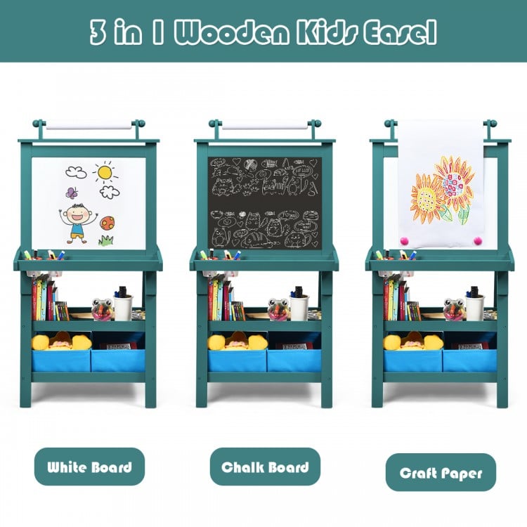 Double-sided 3 in 1 wooden kids easel in green with chalkboard, whiteboard, and paper roll for creative art activities.