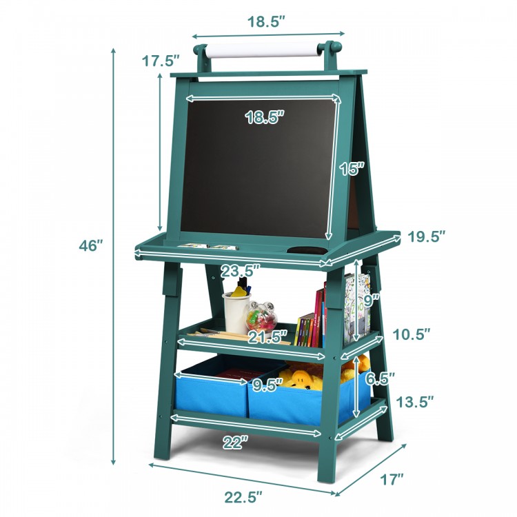 Double-sided green art easel with chalkboard and whiteboard, featuring storage trays and bins for kids' art supplies.