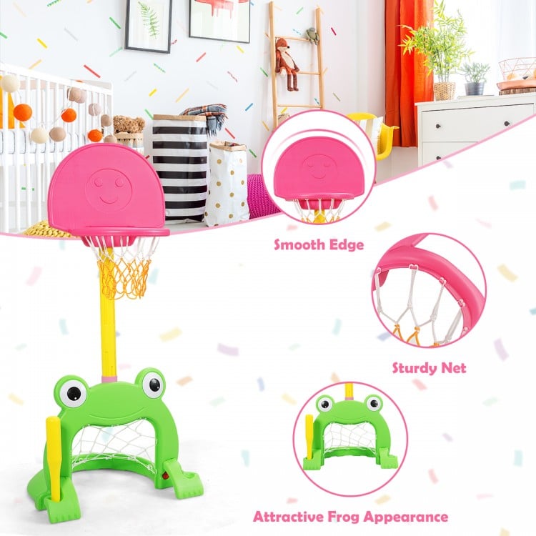 Kids 3-in-1 basketball hoop set with frog design, made of non-toxic materials, promotes exercise and coordination.