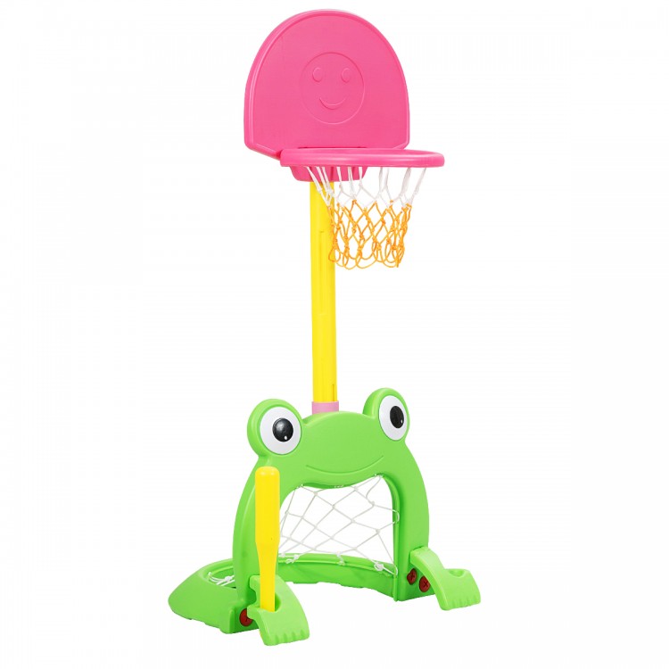 Colorful 3-in-1 kids basketball hoop set with frog design, adjustable height, for basketball, football, and baseball.